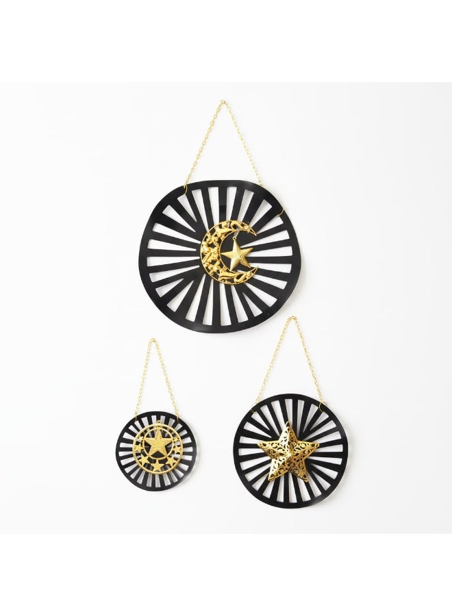 3-Piece Ramadan Metal Wall Decor Set - Black & Gold - Crescent & Stars Design with Hanging Chains - Image 1